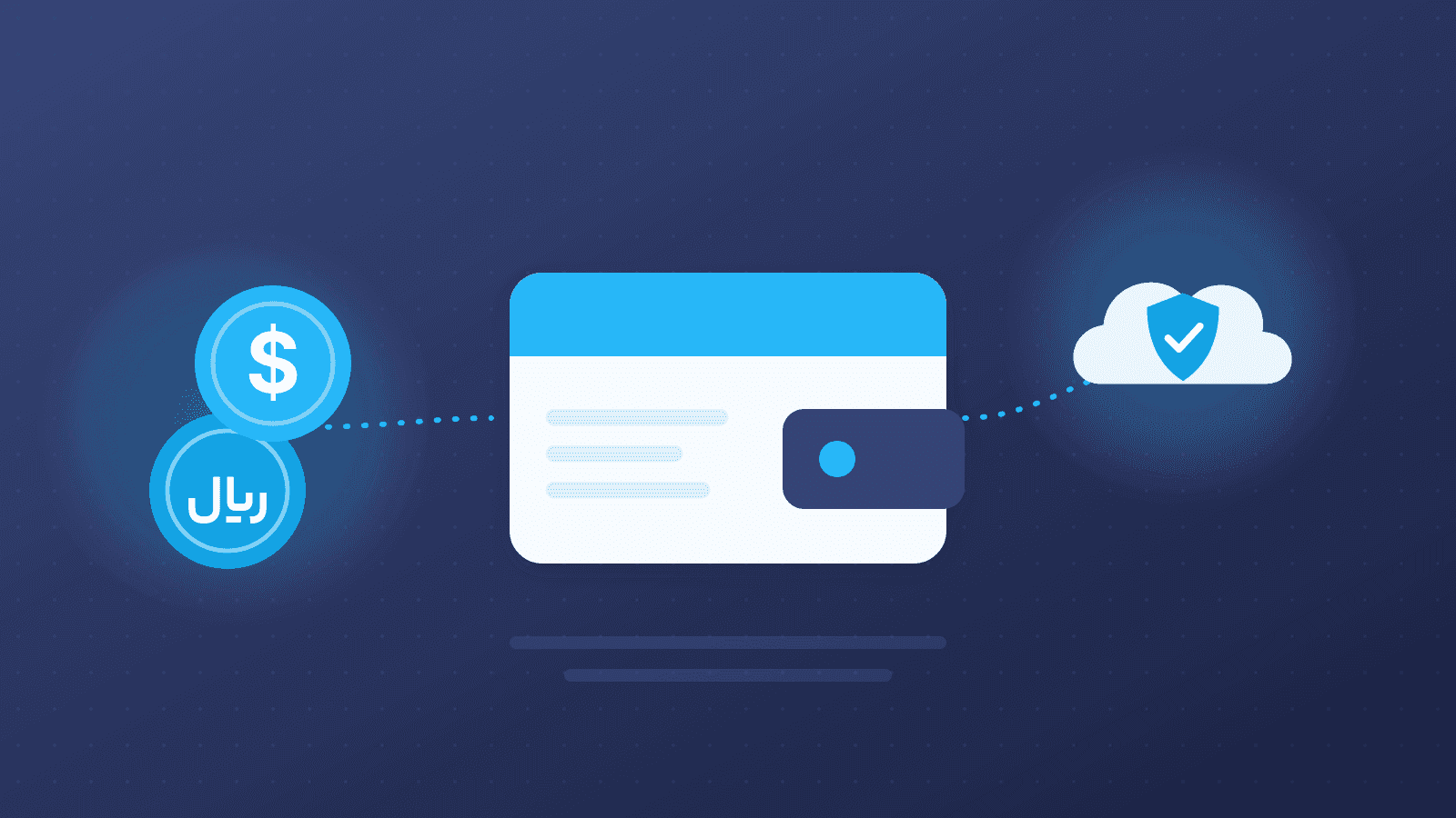 Rial and dollar coins, a wallet and a protected cloud